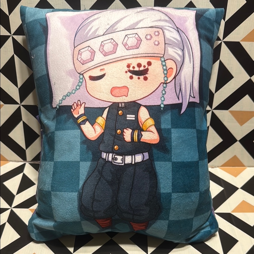 Anime Character Pillow with Blue Checkered Design